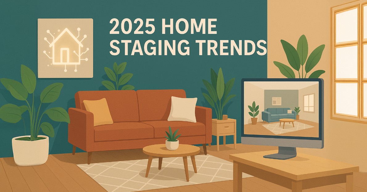 A modern living room showcasing 2025 home staging trends with AI-driven design and sustainable elements.