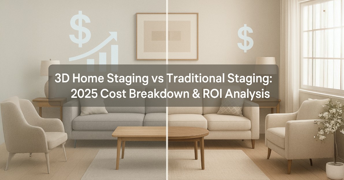 A split image showing a traditionally staged room and a virtually staged room side-by-side.