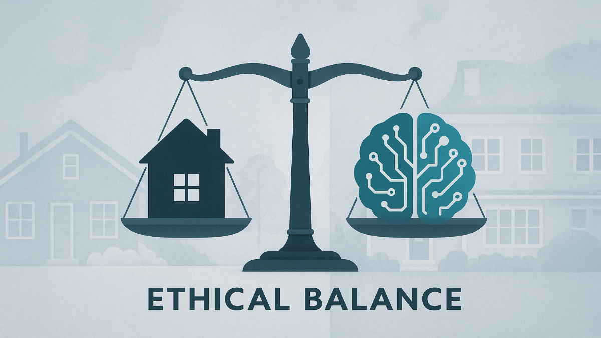 Abstract representation of ethical AI in a futuristic setting