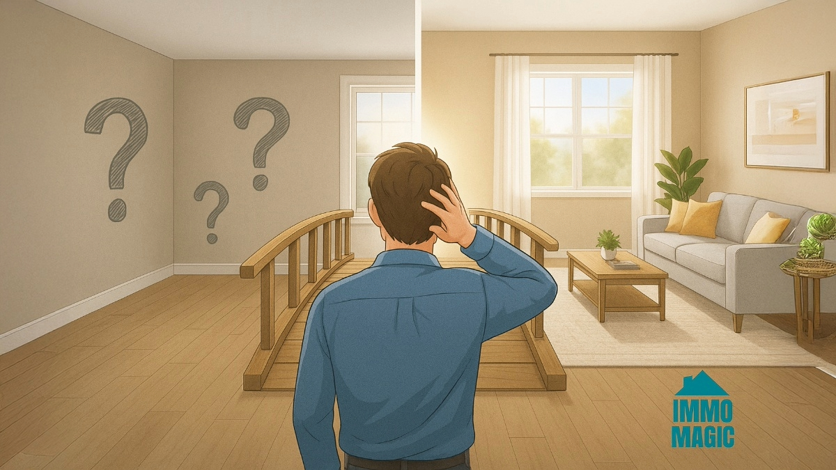 A split image showing a dated room and its modern AI-visualized renovation