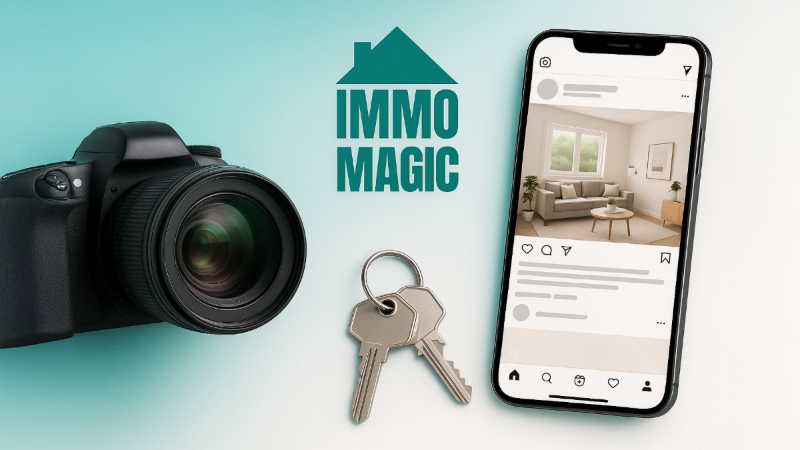 Modern real estate marketing concept with digital devices and icons