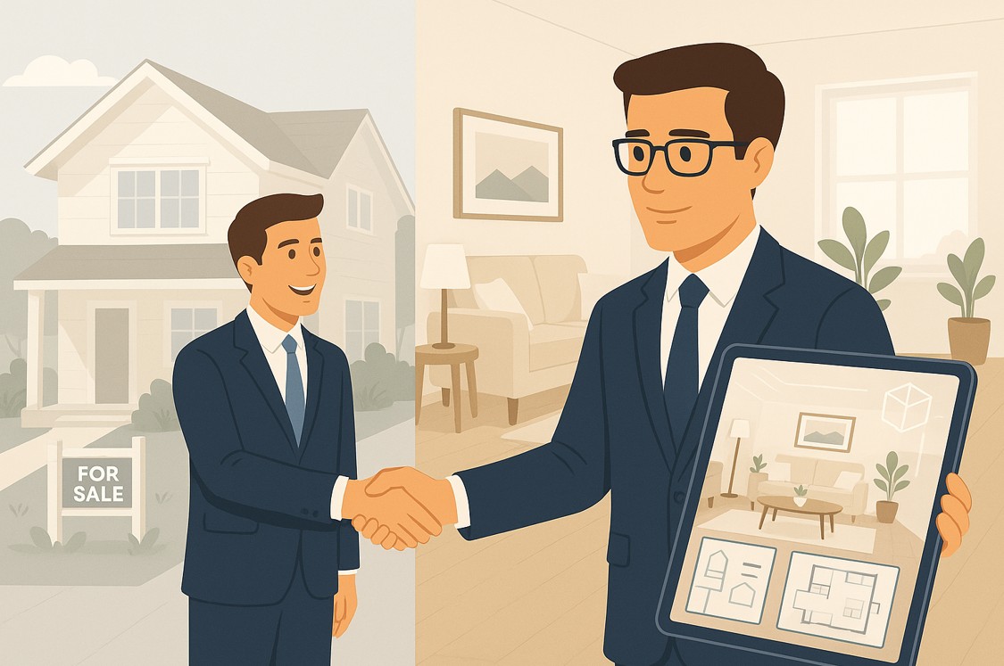 A real estate agent showing a tablet with a virtually renovated room to a couple inside the actual, unimproved room