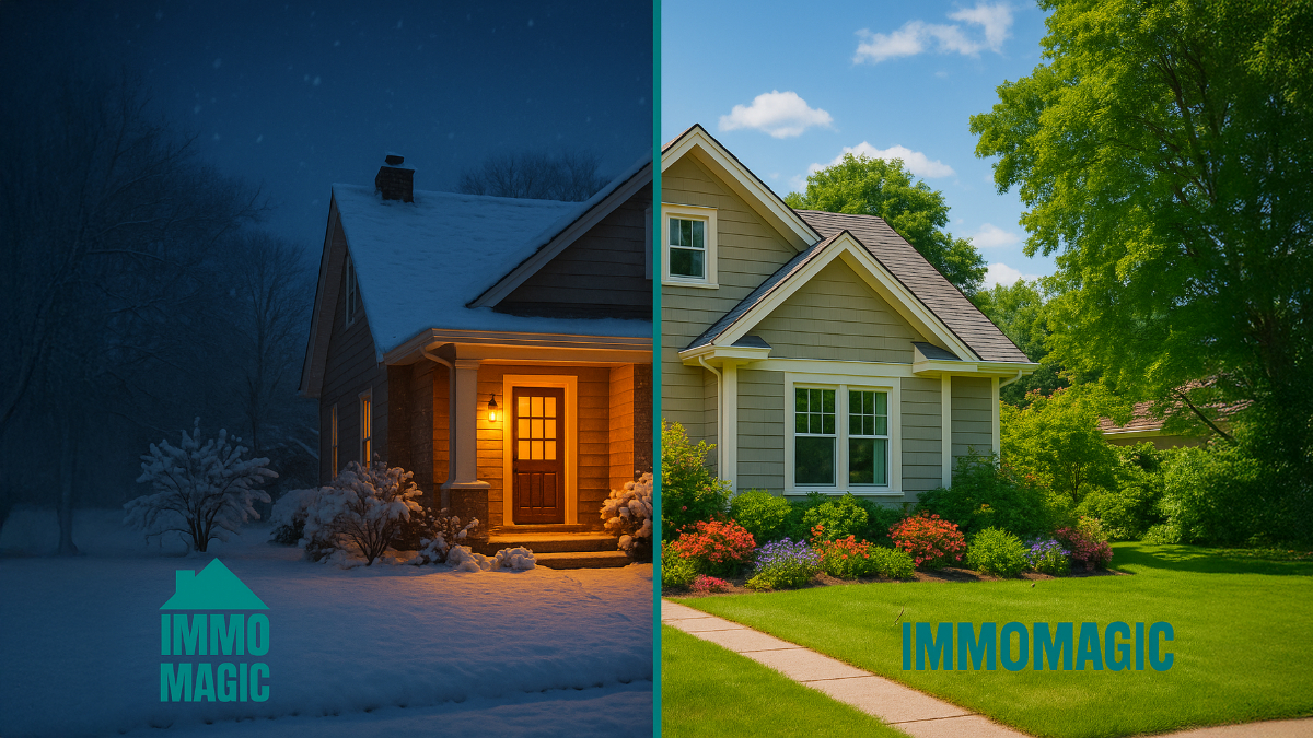 A house shown in different seasons, highlighting year-round appeal through AI visualization