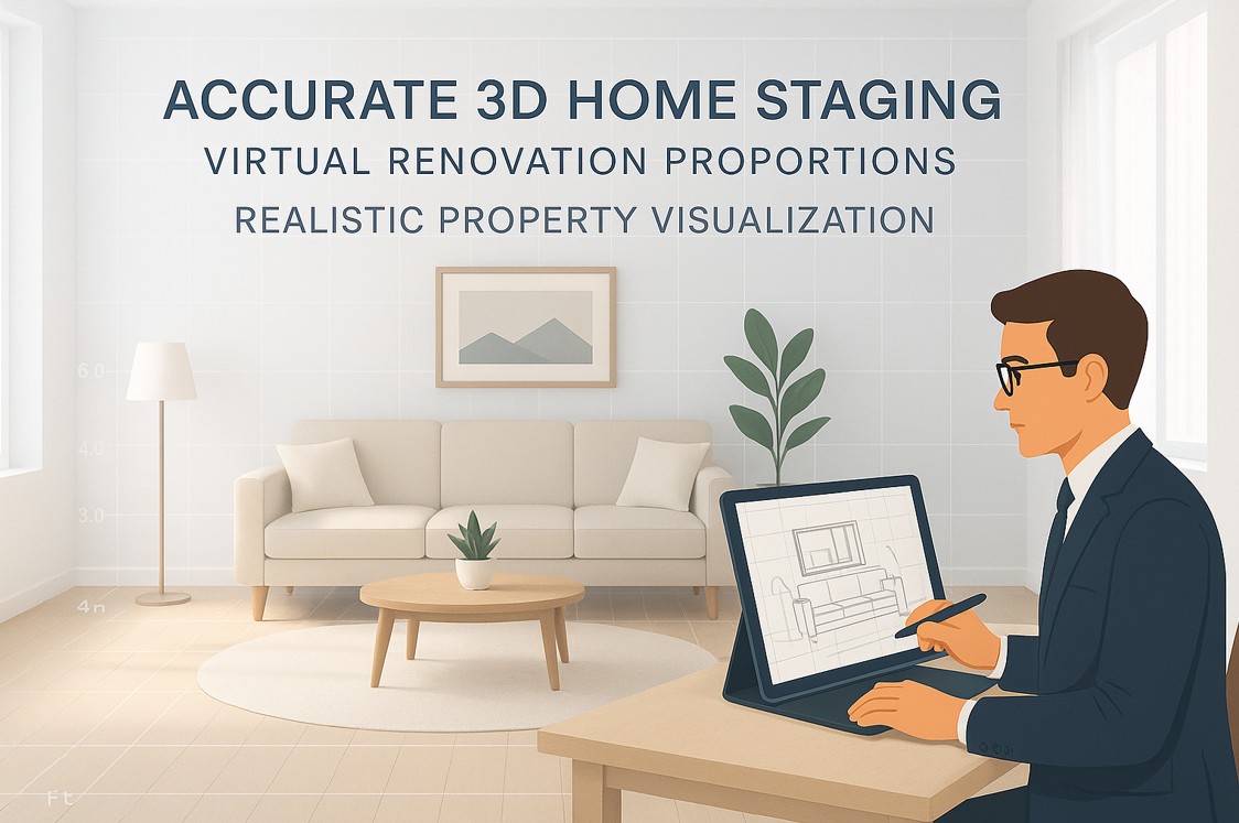 A split image showing an accurately scaled virtual room versus a poorly scaled one